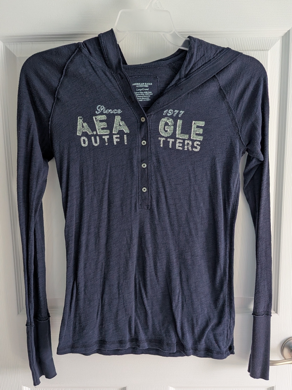 American Eagle Outfitters Navy Hooded Henley Graphic Sweater